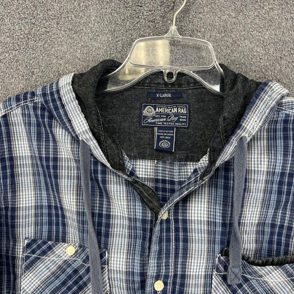 American Rag Cie Shirt Mens Extra Large Blue Plaid‎ Hooded Button Down Cotton - Picture 3 of 16